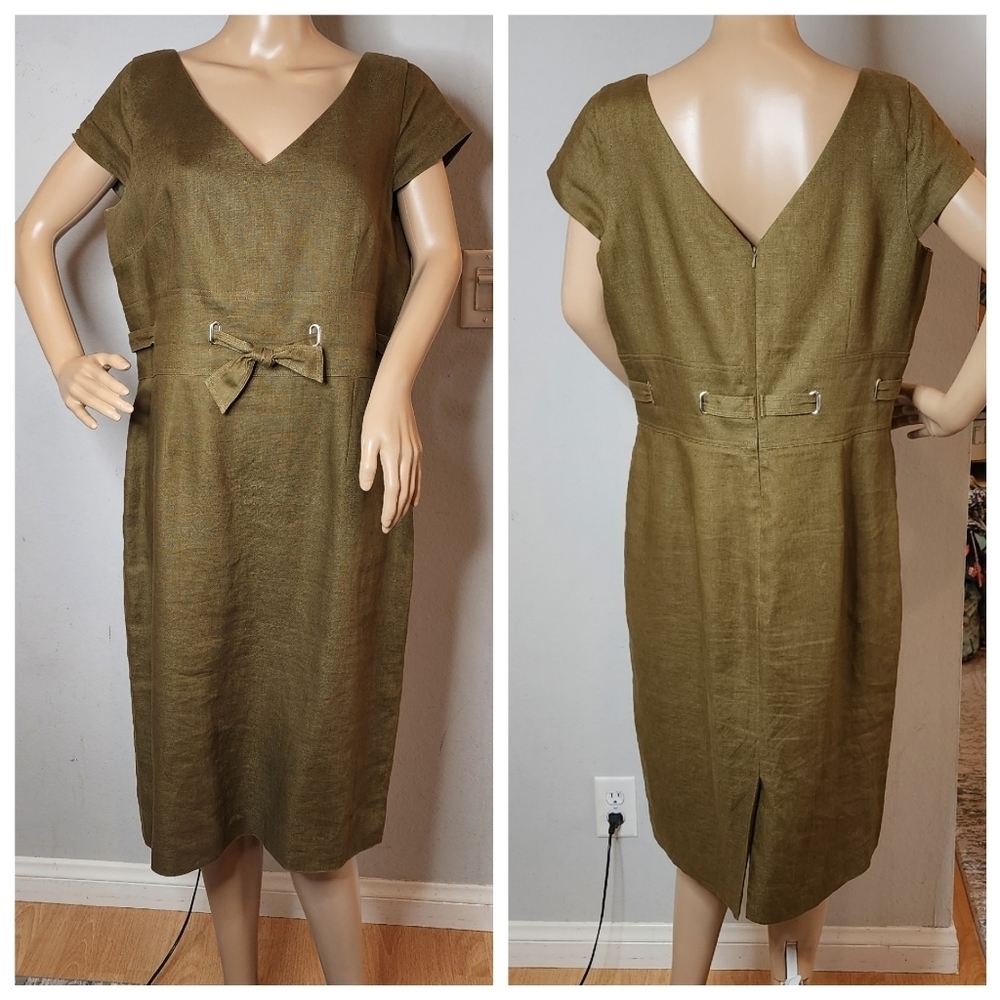 Talbots 100% Linen Moss Green Cap Sleeve Tie Waist Dress Womens Size 16
